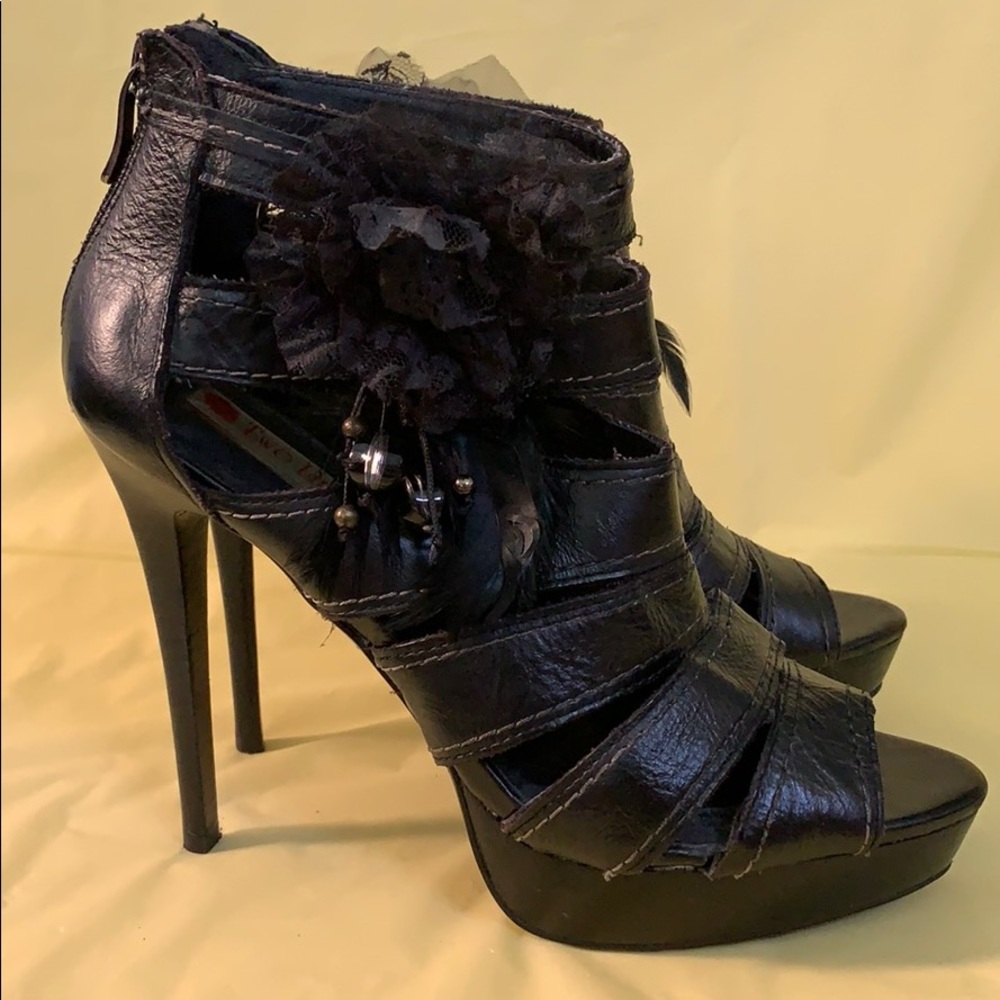 Two Lips Leather Open Toed Stilettos with Flower